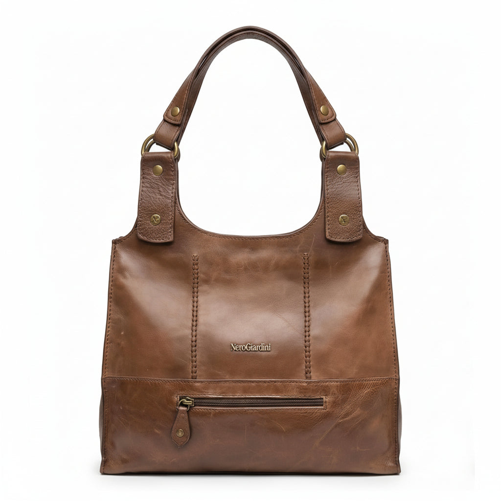 Borsa Nero Giardini a Spalla e a Tracolla, Donna, Vera Pelle, Effetto Graffio, Marrone