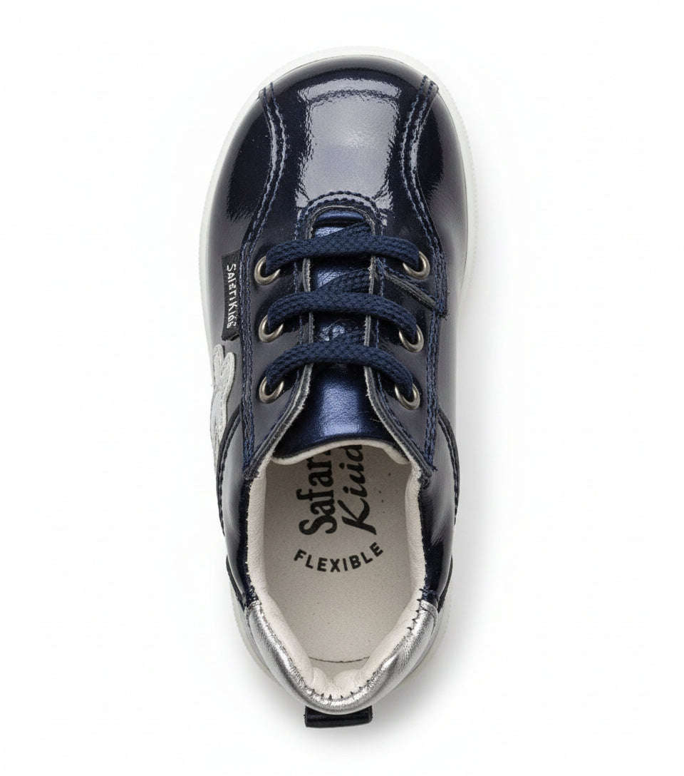 Scarpe da bambina, Blu, Vera Pelle laminata, Fiore Argento, 709 Safari Kid's, - 19 EU