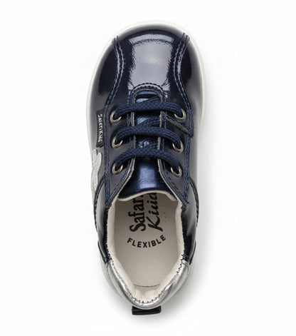Scarpe da bambina, Blu, Vera Pelle laminata, Fiore Argento, 709 Safari Kid's, - 19 EU