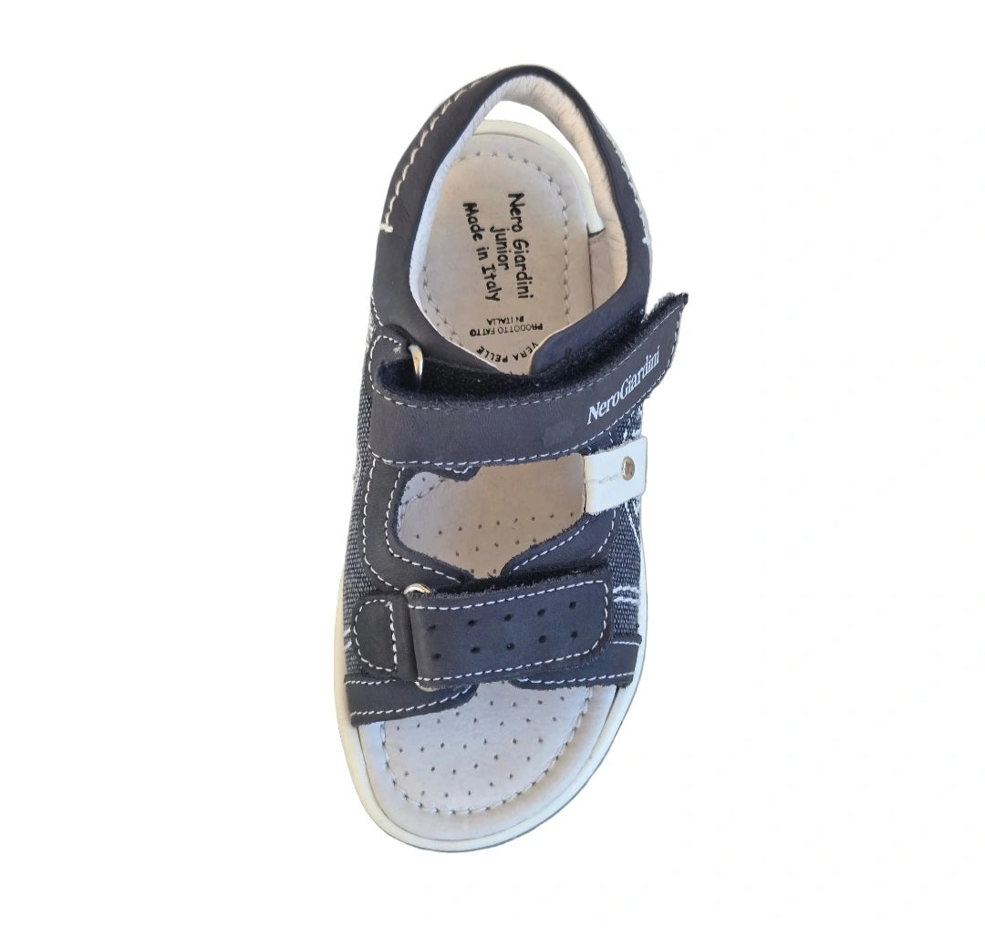 Sandali Bambino Nero Giardini Junior in Vera Pelle e Tela Denim – Blu e Bianco