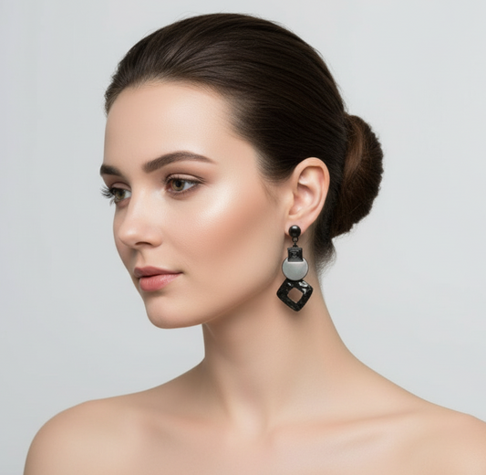 Flama Orecchini Pendenti da Donna con Forme Geometriche, Nero e Grigio, Anallergici