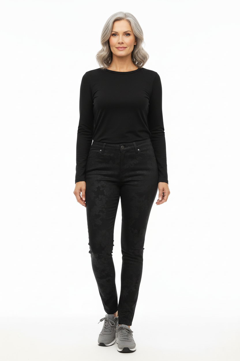 Pantaloni damascato da donna, elasticizzati, Nero Giardini, Nero, Bottone Gioiello