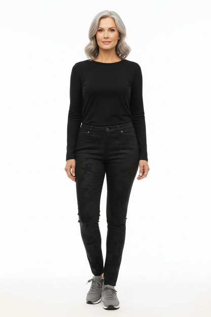 Pantaloni damascato da donna, elasticizzati, Nero Giardini, Nero, Bottone Gioiello