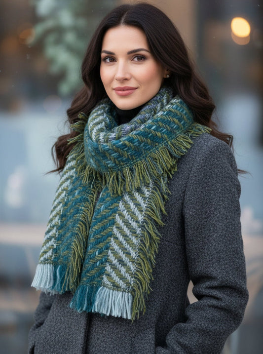 Enrico Coveri Sciarpa Verde con Frange, Motivo Intrecciato Multicolore Teal e Oliva
