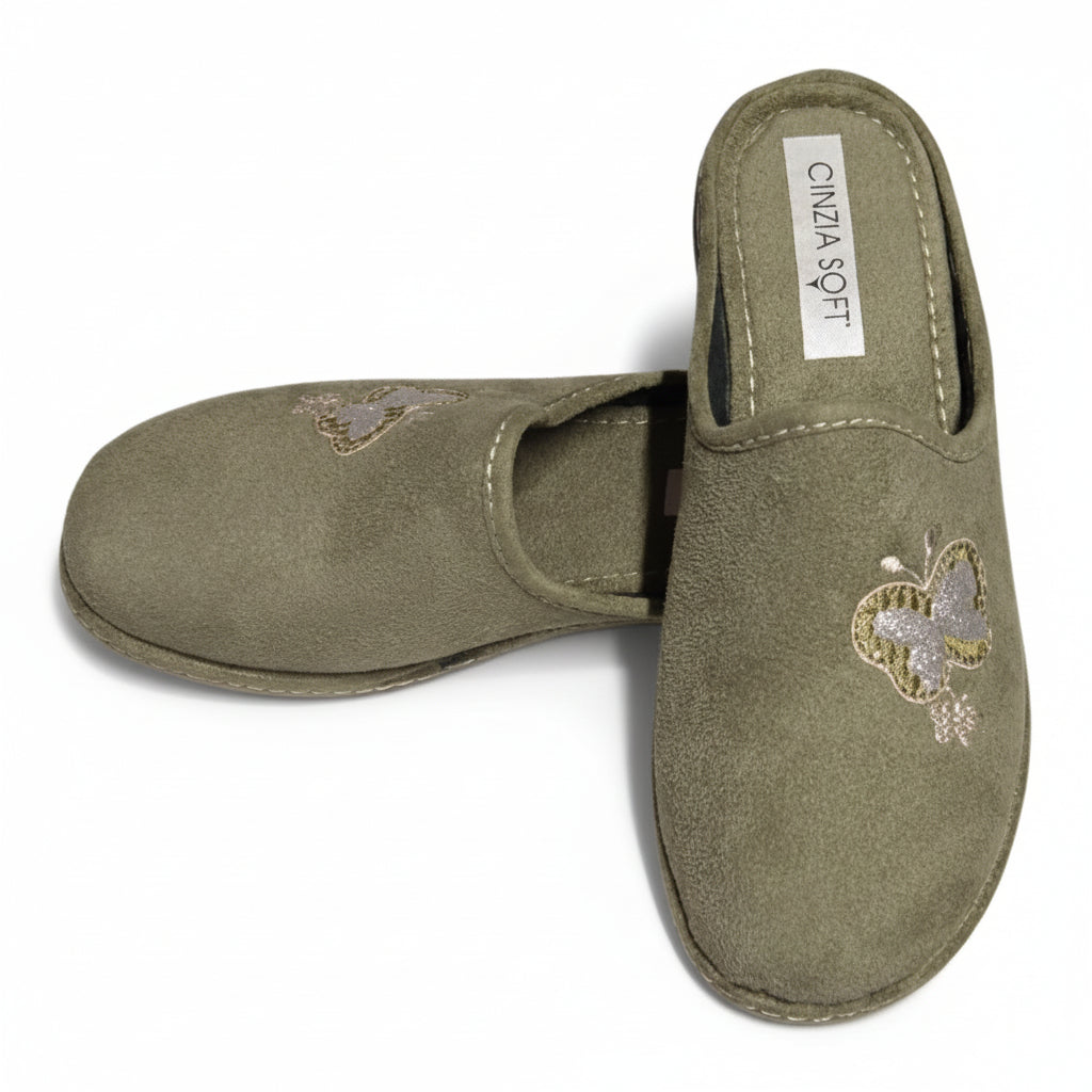Cinzia Soft Pantofole Donna in Velour, Verde con Farfalla Glitterata, Ciabatte Chiuse, 026151 002