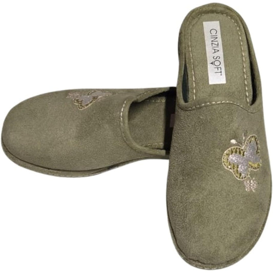 Cinzia Soft Pantofole Donna in Velour, Verde con Farfalla Glitterata, Ciabatte Chiuse, 026151 002