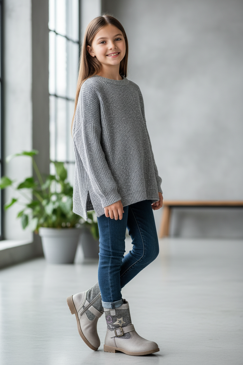 NeroGiardini Stivali Bambina, Vera Pelle con Glitter, Grigio, Zip