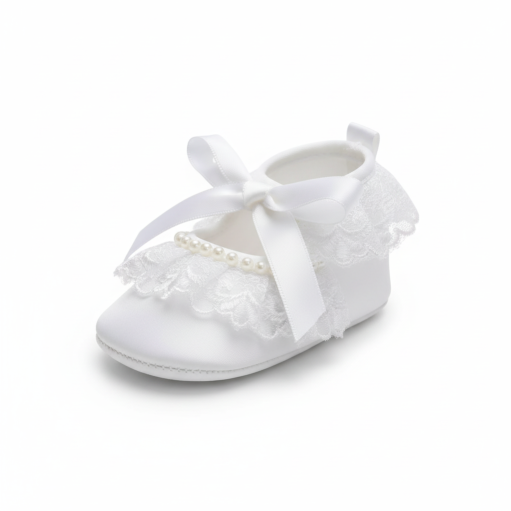 Scarpine Bambina Battesimo Cerimonia Bianco Pizzo Perline Fiocco, 17