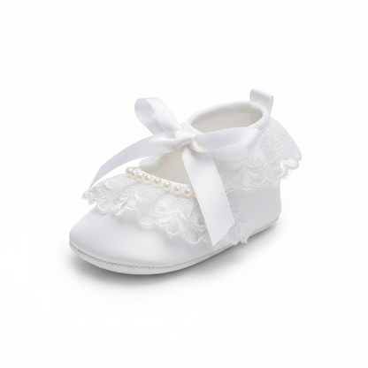 Scarpine Bambina Battesimo Cerimonia Bianco Pizzo Perline Fiocco, 17