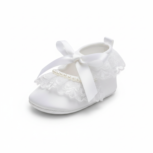 Scarpine Bambina Battesimo Cerimonia Bianco Pizzo Perline Fiocco, 17