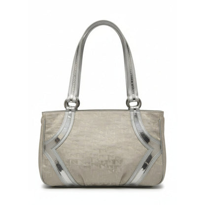 Borsa a spalla Nero Giardini, Platino Monogram Cangiante con dettagli e manici Argento Specchiato