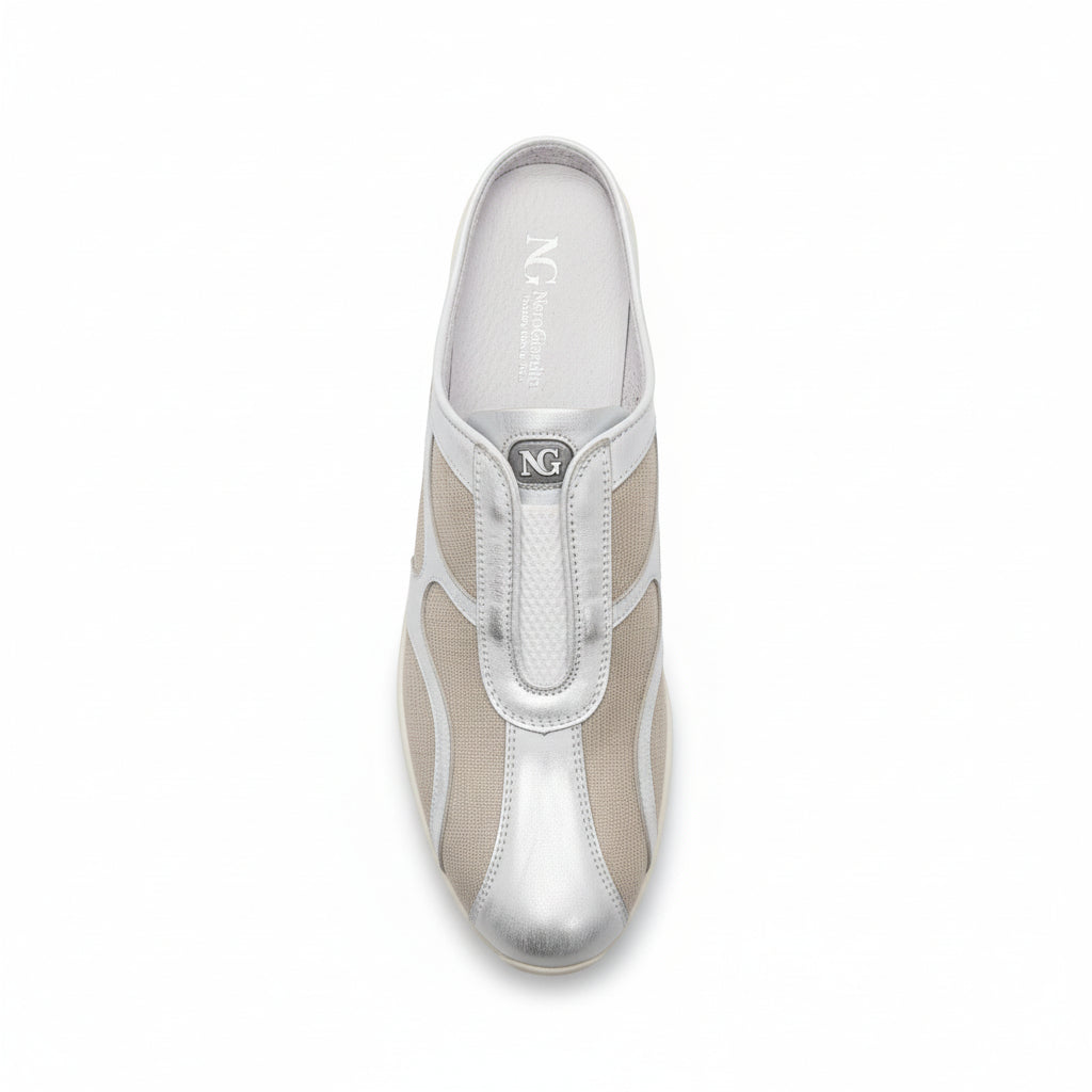 Sabot Nero Giardini, Vera Pelle Argento Specchiato, Tela Beige con riflessi argento