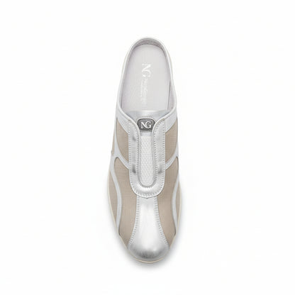 Sabot Nero Giardini, Vera Pelle Argento Specchiato, Tela Beige con riflessi argento