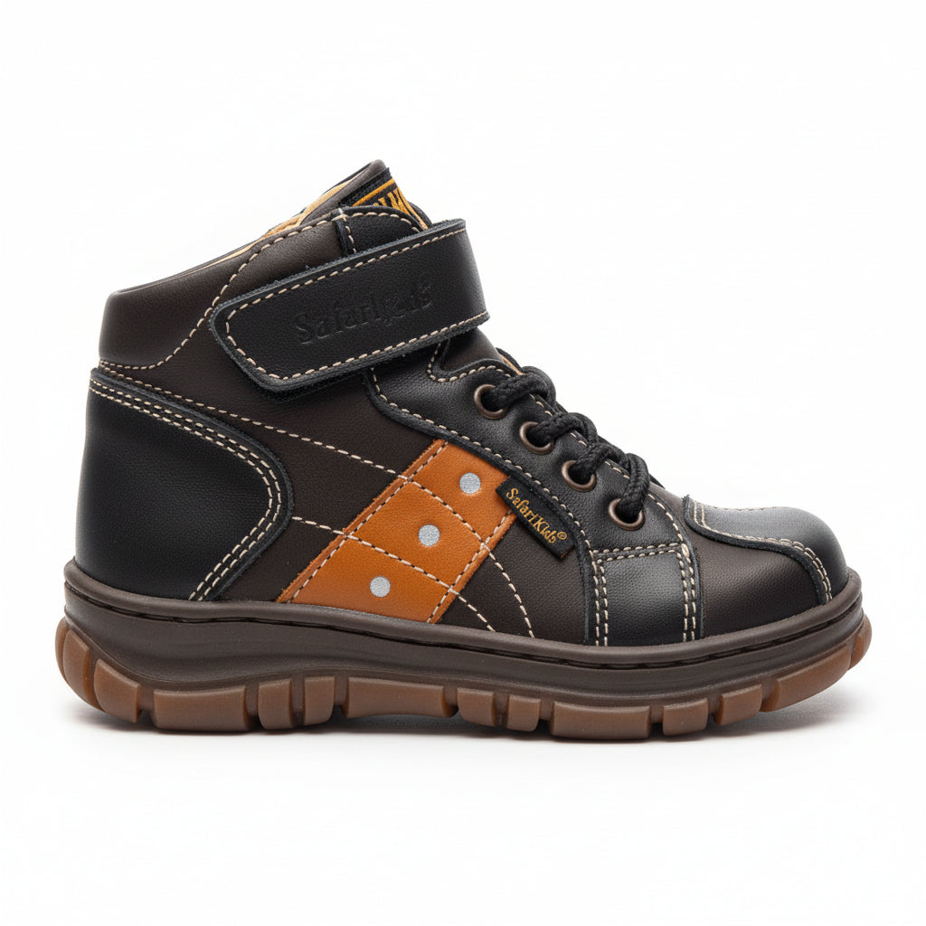 Scarpe Bambini, Safari Kid's, Vera Pelle, Nero e Marrone Scuro, Z1162, Numero 22 EU