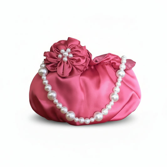 Pochette Elegante da Cerimonia, Donna, Raso Rosa, Manico di Perle, Fiore tridimensionale