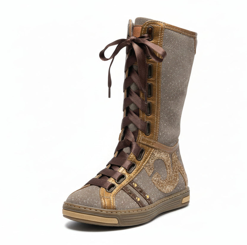 Stivali Nero Giardini Junior Vera Pelle, Beige e Oro, Laccio Marrone in Raso, 36126