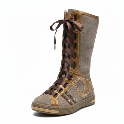 Stivali Nero Giardini Junior Vera Pelle, Beige e Oro, Laccio Marrone in Raso, 36126