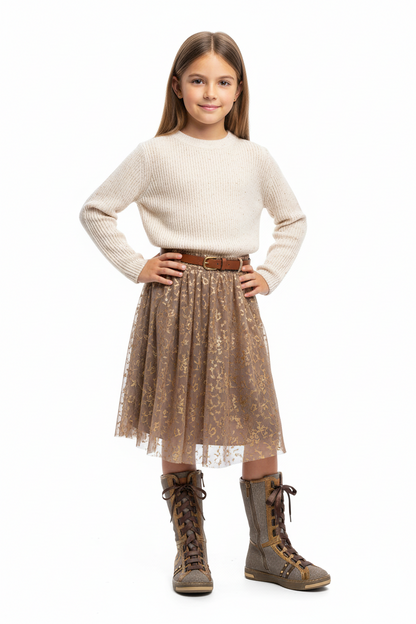 Stivali Nero Giardini Junior Vera Pelle, Beige e Oro, Laccio Marrone in Raso, 36126