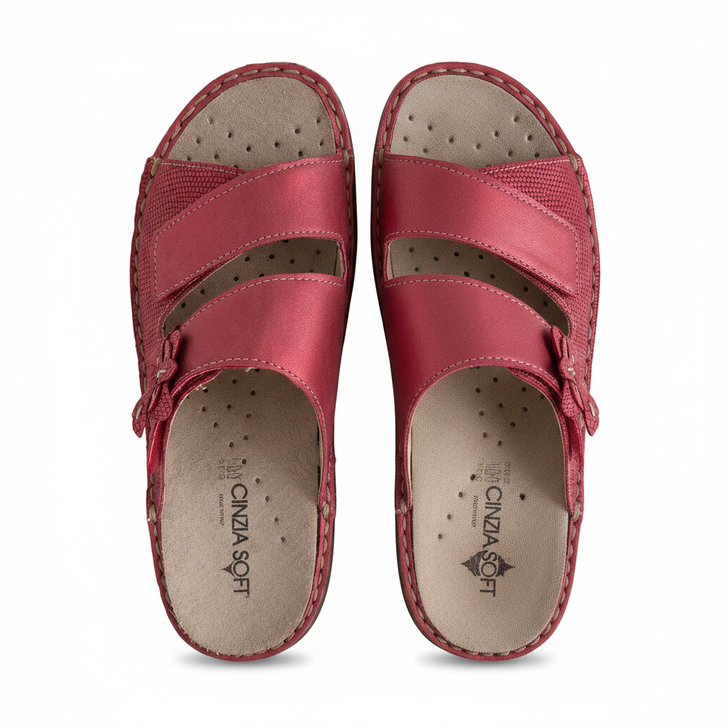 Ciabatte Donna Cinzia Soft Rosse con Fiore – Vera Pelle, Plantare Estraibile, Doppio Strappo