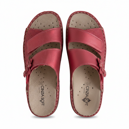 Ciabatte Donna Cinzia Soft Rosse con Fiore – Vera Pelle, Plantare Estraibile, Doppio Strappo