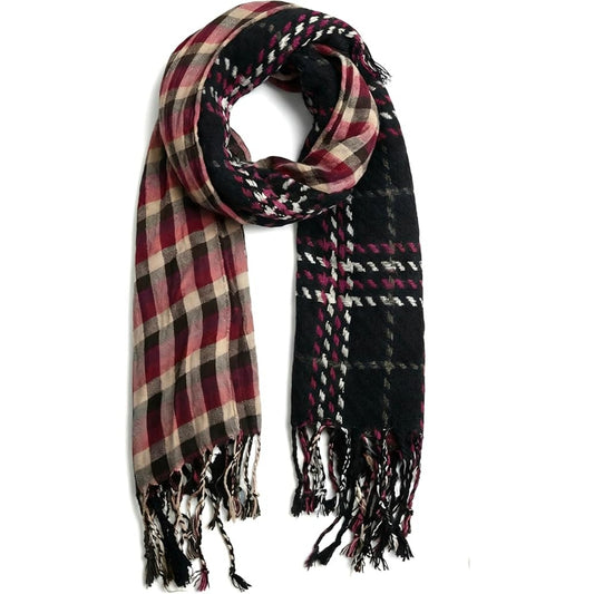 Sciarpa Donna con Frange, Motivo Quadri e Houndstooth, Nero Rosa Fucsia Beige