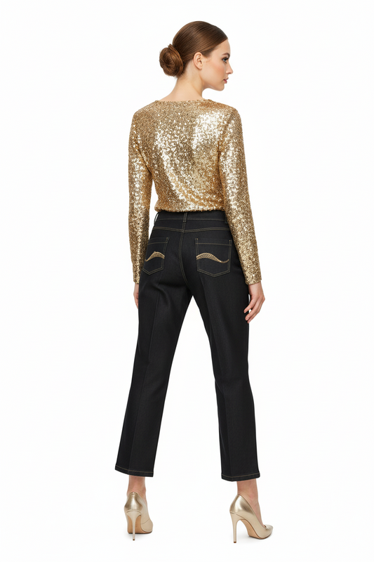 Pantaloni da donna morbidi, Clarin Shavien, Cotone, Effetto Denim, con bottone gioiello e zip, Taglia 44