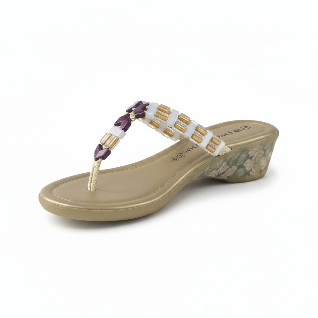Ciabatte Infradito Donna Sabatini, Oro/Multicolor, Vera Pelle, Zeppa Floreale