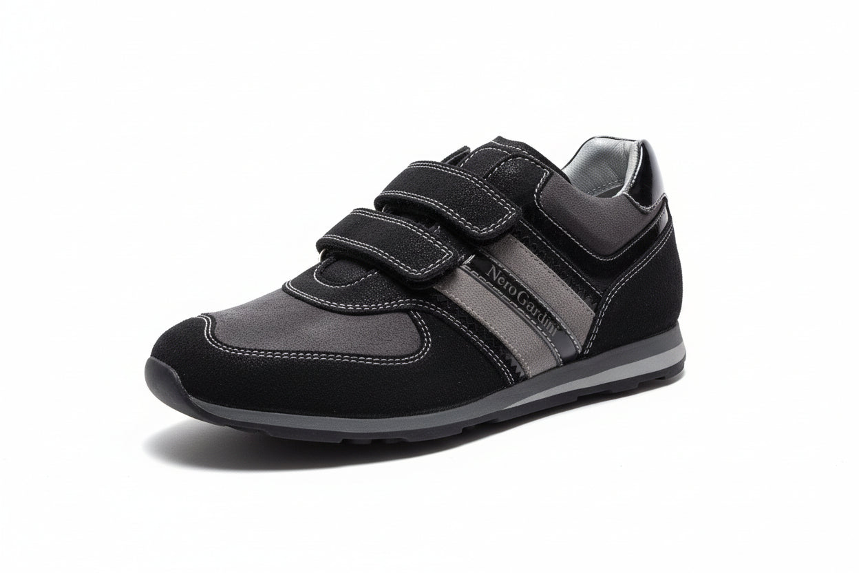 Sneakers Nero Giardini Junior Bambini Vera Pelle, chiusuea a strappo, Nero e Grigio, 35 EU