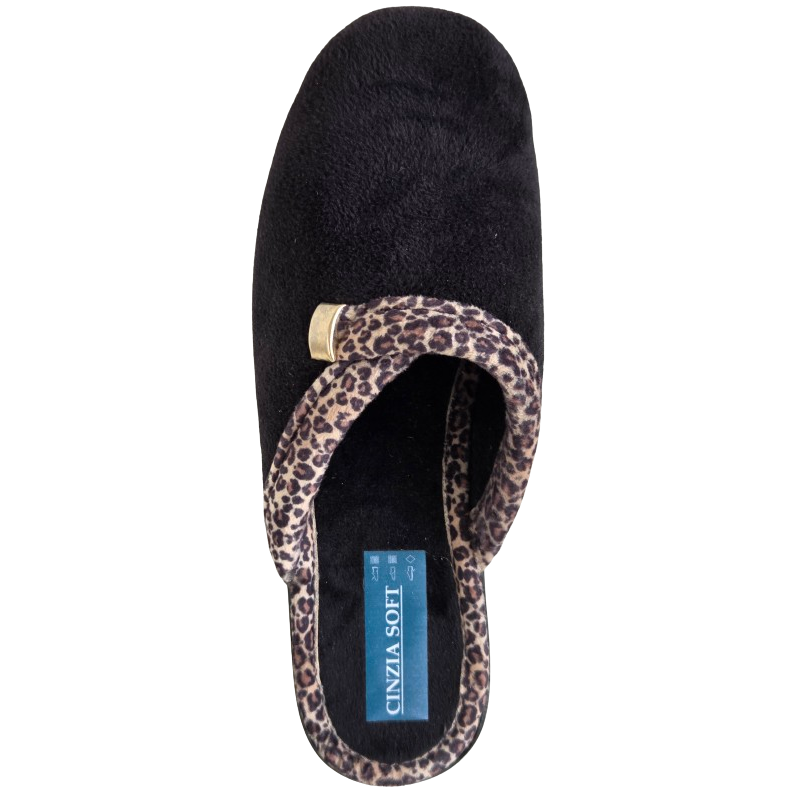 Cinzia Soft, IEA3506, Ciabatte Pantofole Donna in Velour Nero con Bordo Leopardato, Comfort