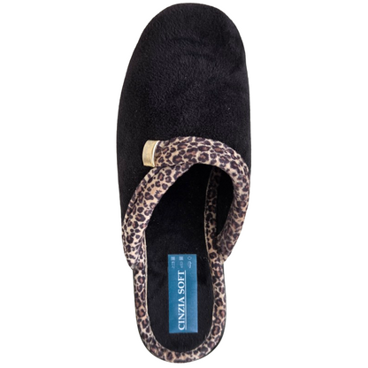 Cinzia Soft, IEA3506, Ciabatte Pantofole Donna in Velour Nero con Bordo Leopardato, Comfort