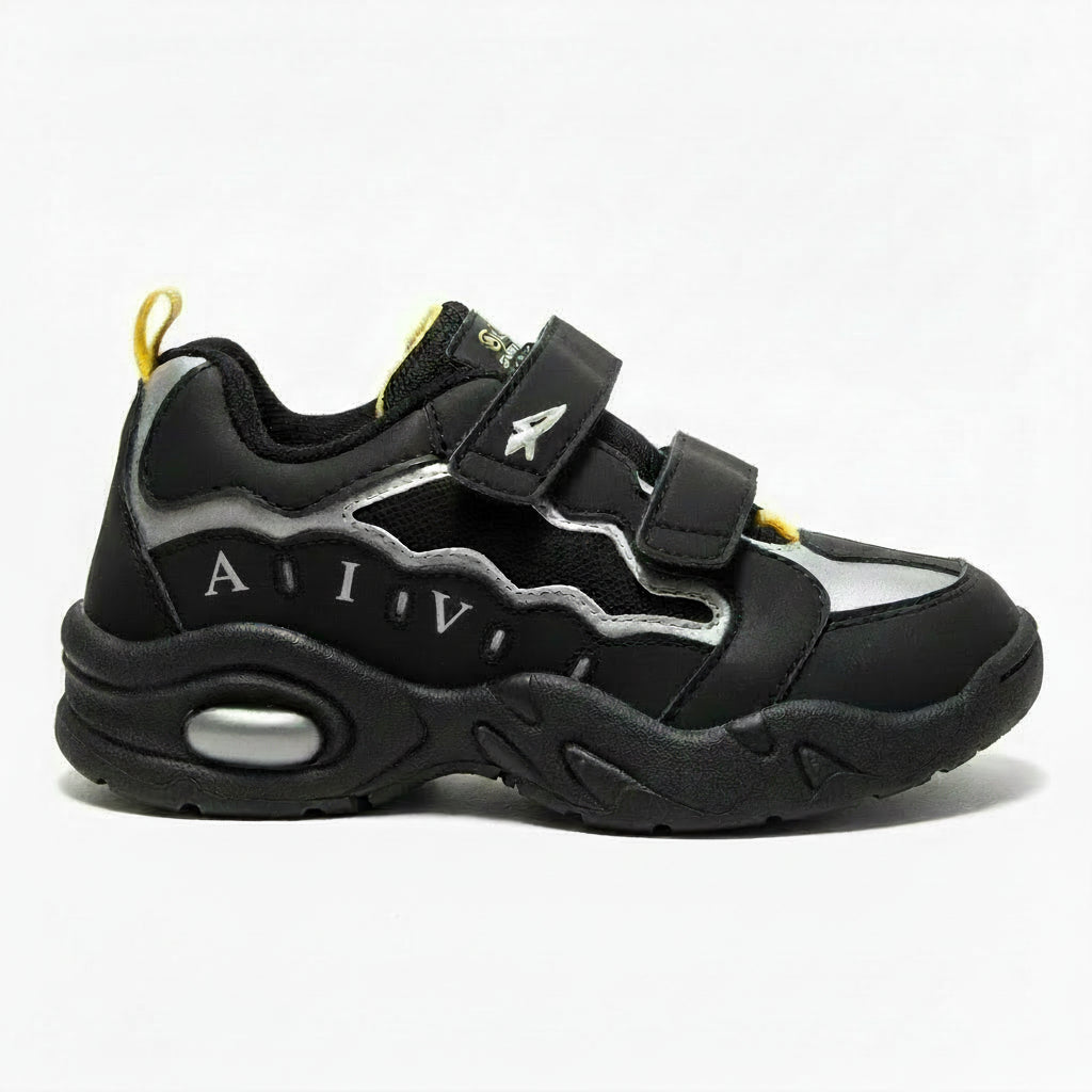 Sneakers Bambini, Avi Tech, Nero, Dettagli Gialli, Vera Pelle, Doppio Strappo, 32 EU
