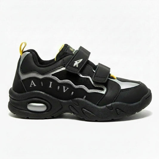 Sneakers Bambini, Avi Tech, Nero, Dettagli Gialli, Vera Pelle, Doppio Strappo, 32 EU