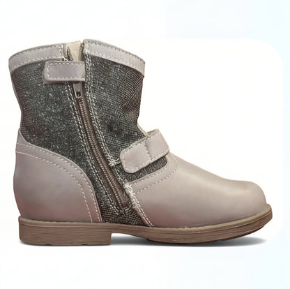 Stivaletti Bambina, Nero Giardini, Vera Pelle Grigio Taupe con decorazioni Stella e Cuore, Zip