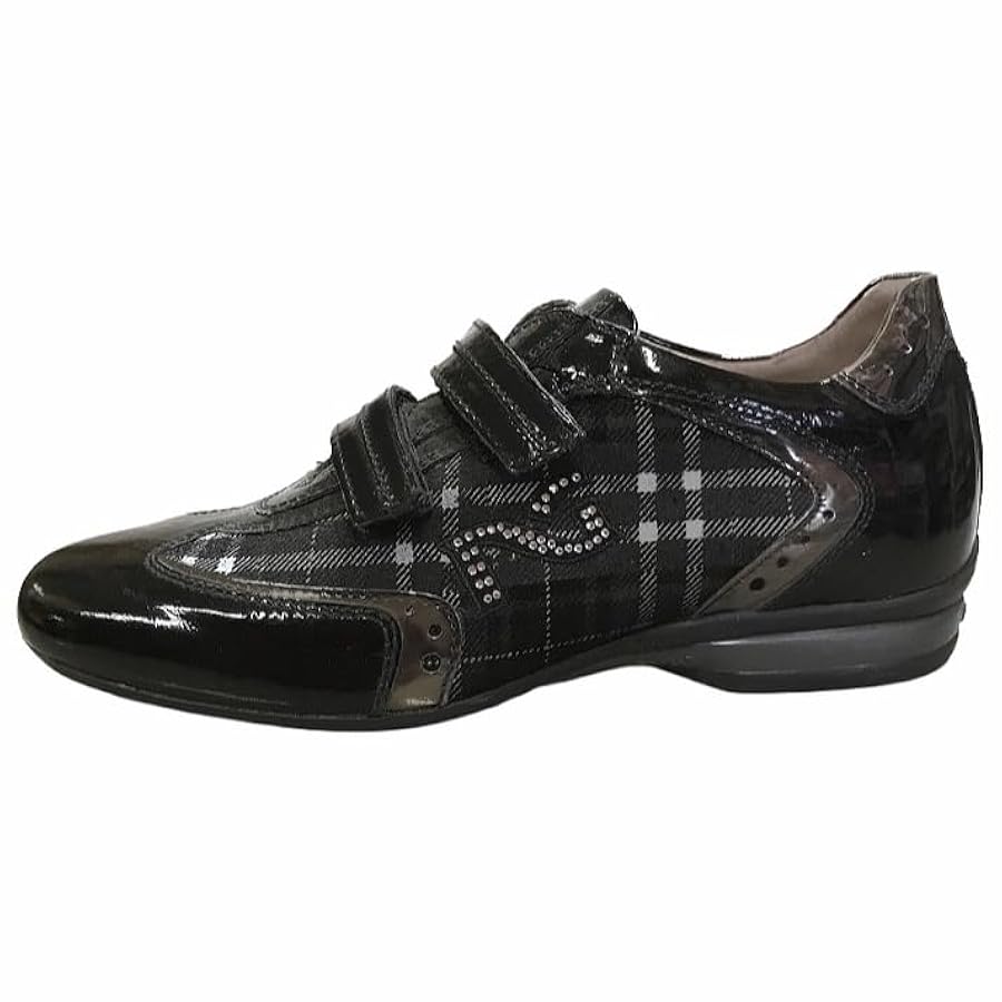 Sneaker Donna NeroGiardini A900902, Doppio Strappo, Vera Pelle Scamosciata, Stampa scozzese, Naplak vernice lucida, Nero