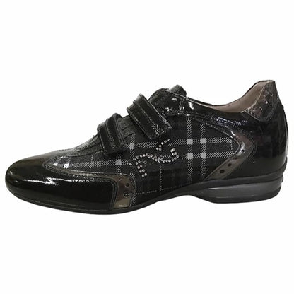 Sneaker Donna NeroGiardini A900902, Doppio Strappo, Vera Pelle Scamosciata, Stampa scozzese, Naplak vernice lucida, Nero