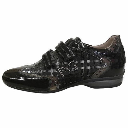 Sneaker Donna NeroGiardini A900902, Doppio Strappo, Vera Pelle Scamosciata, Stampa scozzese, Naplak vernice lucida, Nero