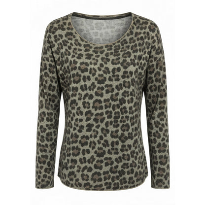 Maglia Donna Leopardato, Maniche Lunghe in Viscosa e Lana, Verde Militare, Taglia Unica, Stile Animalier