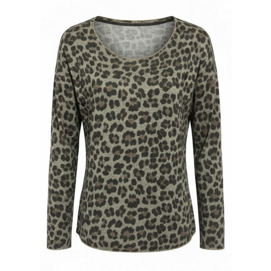 Maglia Donna Leopardato, Maniche Lunghe in Viscosa e Lana, Verde Militare, Taglia Unica, Stile Animalier