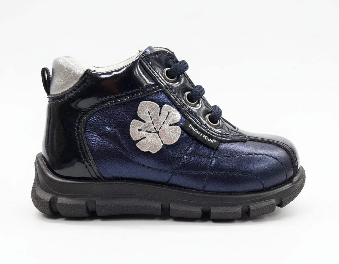 Scarpe da bambina, Blu, Vera Pelle laminata, Fiore Argento, 709 Safari Kid's, - 19 EU