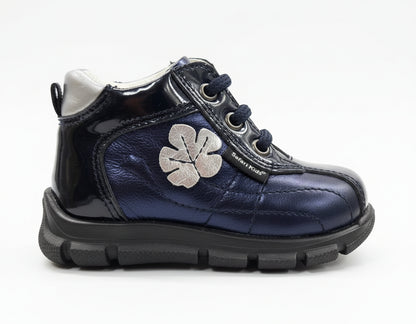 Scarpe da bambina, Blu, Vera Pelle laminata, Fiore Argento, 709 Safari Kid's, - 19 EU