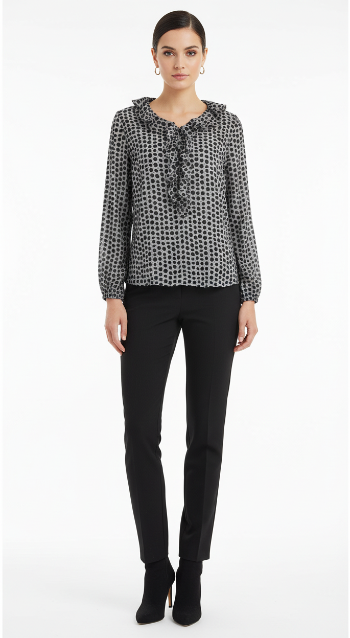 Blusa NeroGiardini, Grigio, a pois, con scollo a V e rouches