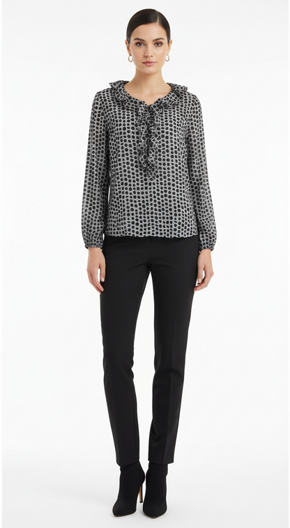 Blusa NeroGiardini, Grigio, a pois, con scollo a V e rouches