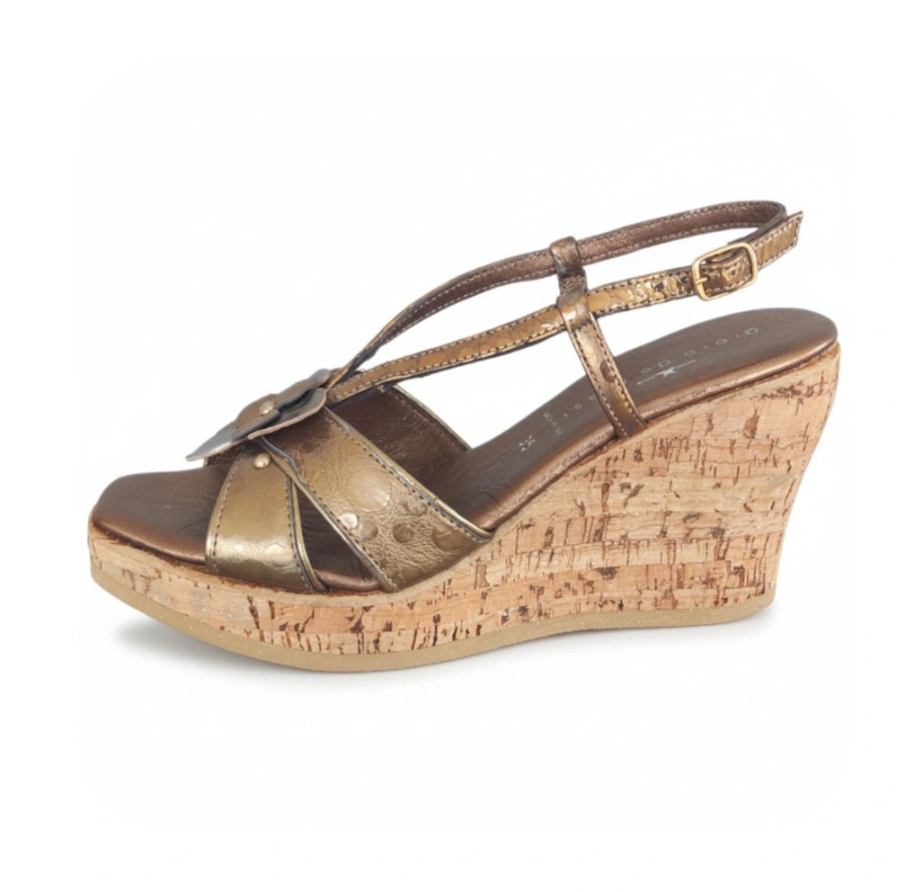 Sandali con zeppa, donna, Rosetta, leggera, Vera Pelle Bronzo, Zeppa Sughero Glitter