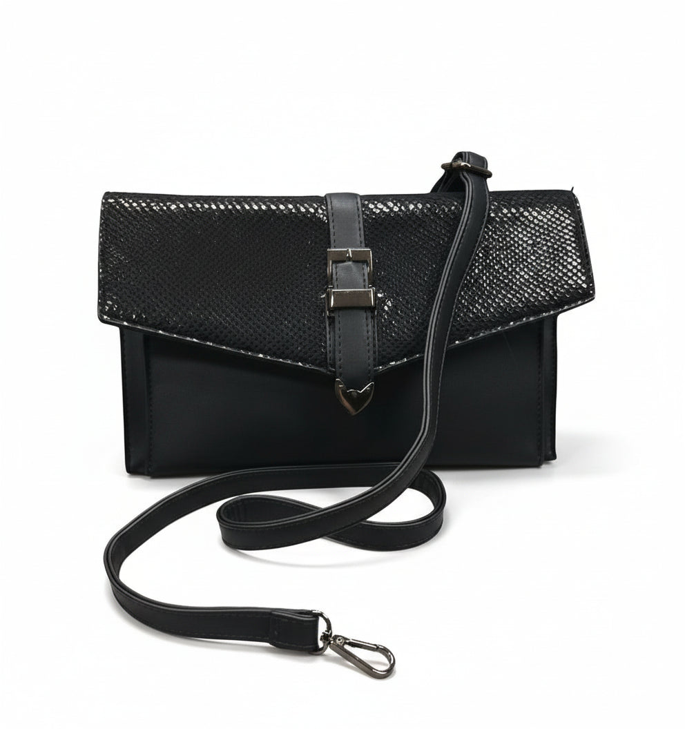 Pochette Elegante Nera con Fibbia Decorativa, Automatico, Tracolla inclusa
