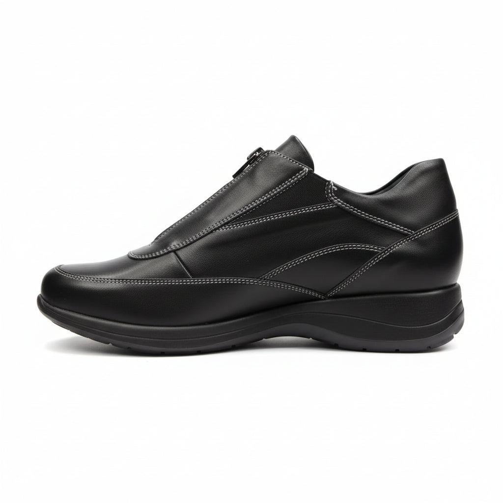 Sneakers Donna, Freemood, con zip ed elastici, Vera Pelle, Nero - 39 EU