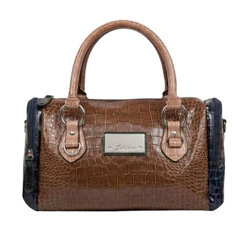 Borsa Bauletto Griffin in Pelle Lucida, stampa coccodrillo, marrone, blu, verde bottiglia, con tracolla