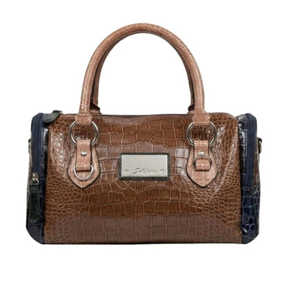 Borsa Bauletto Griffin in Pelle Lucida, stampa coccodrillo, marrone, blu, verde bottiglia, con tracolla