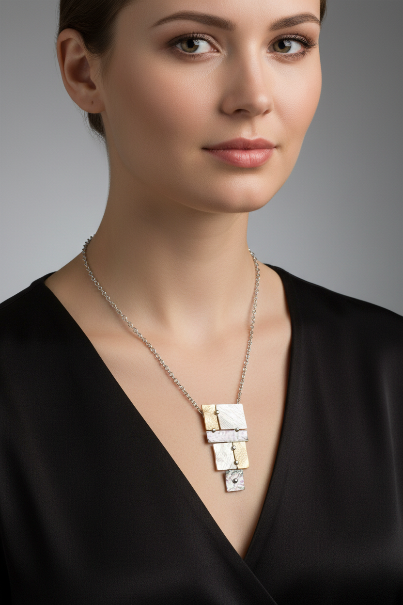Flama Collana Donna con Pendente Geometrico, Acciaio Inox Anallergico, Argento e Oro