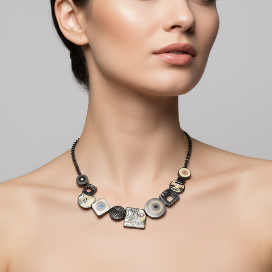 Collana Donna Anallergica, con Ciondoli Geometrici, Catena Nera con Elementi Decorativi Multicolore