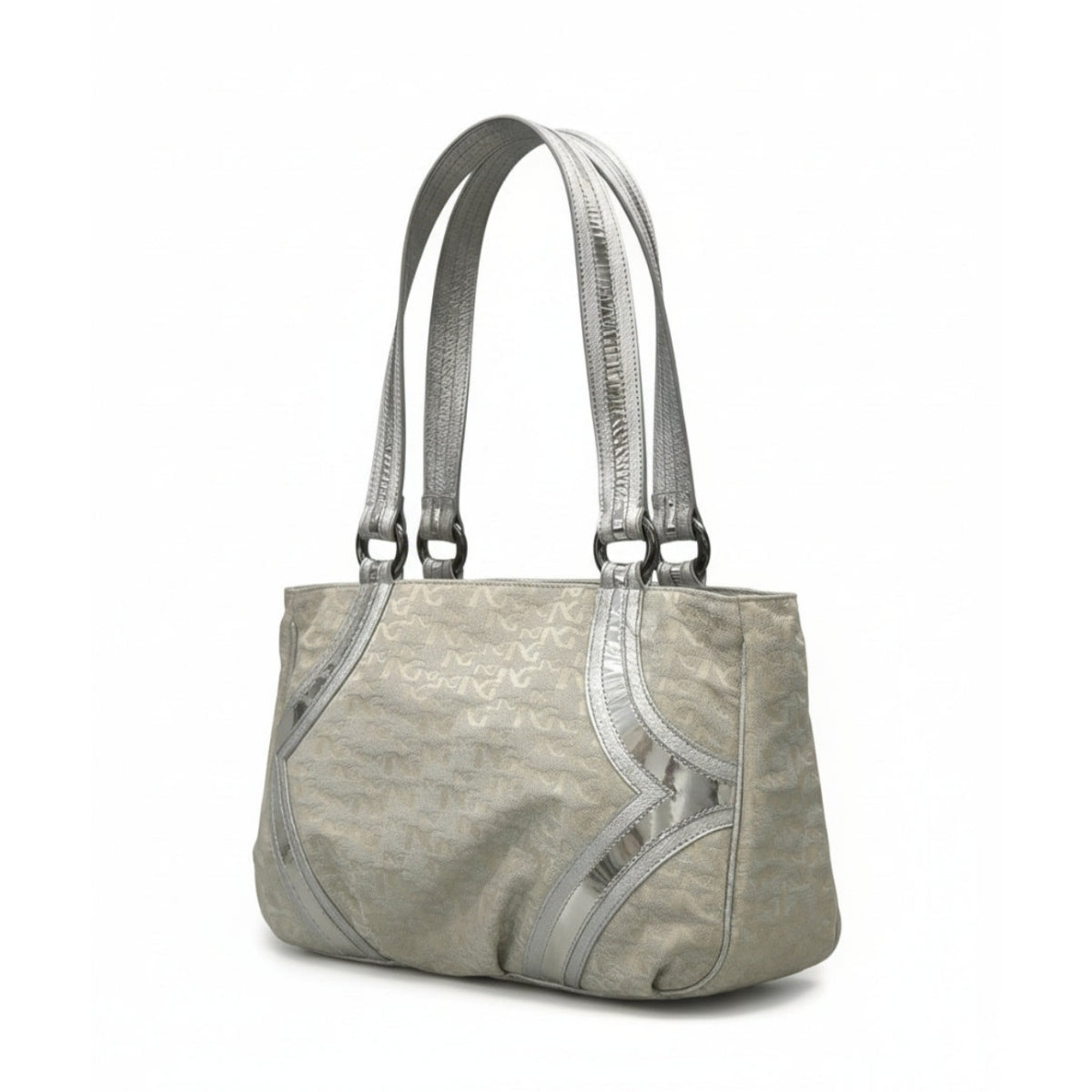 Borsa a spalla Nero Giardini, Platino Monogram Cangiante con dettagli e manici Argento Specchiato